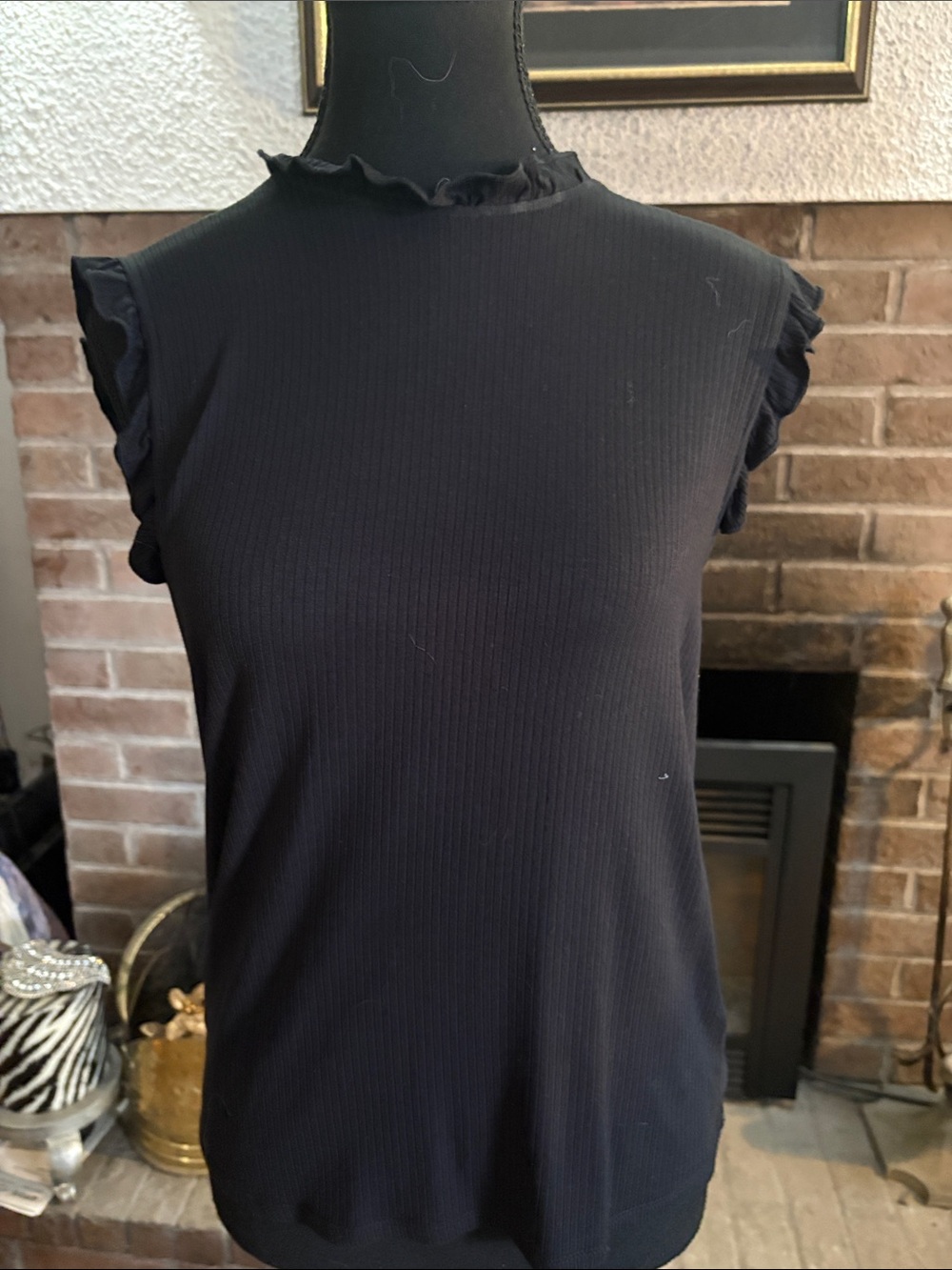 cupcakes & cashmere Black Ribbed Mock Neck Tank with Ruffle Trim